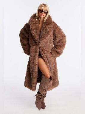 NWT Fashion Nova Brown Faux Fur Long Trench Coat XL
